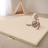 Bella's Friends Foldable Baby Play Mat for Floor, 50"x50" Vegan Leather Playpen Mat, 1.2" Extra Thick Foam, Non-Toxic, Wipe-Clean, Travel-Ready, Non-Slip Crawling Mat for Kids Toddlers&Infants, Beige