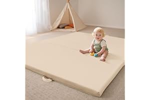 BELLA'S FRIENDS Bella’s Friends Foldable Baby Play Mat for Floor, 50"x50" Vegan Leather Playpen Mat, 1.2" Extra Thick Foam, Non-Toxic, Wipe-Clean, Travel-Ready, Non-Slip Crawling Mat for Kids Toddlers&Infants, Beige