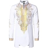 LucMatton Men's Traditional African Dashiki Long Sleeve Slim Fit Tunic Shirt with Metallic Foil Stamping Mandarin Collar
