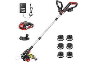 EWORK 20V Cordless String Trimmer 12-Inch Trimmer and Edger with Auto Line Feed, Electric Weed Wacker with 2.0Ah Battery and Charger & 6 Replacement Spools for Lawn, Garden, Yard, etc
