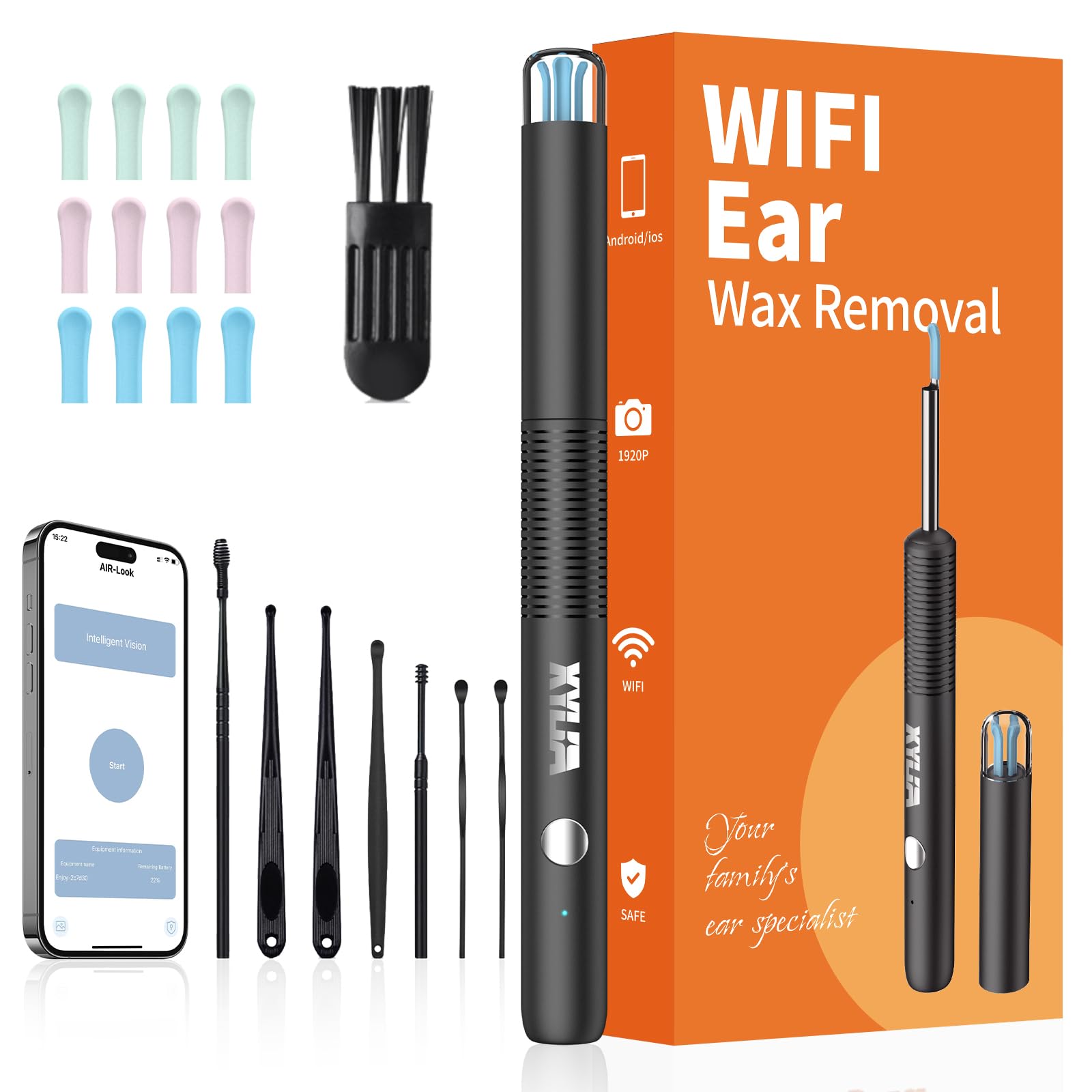 Photo 1 of Xylla Ear Wax Removal Kit WiFi Ear Cleaner 1920P FHD Ear Camera,Ear wax remover with 8 PCS Ear Cleaning Kit,Ear Scope Otoscope with 6 LED Lights,Silicone Ear Wax Removal Tool for iOS & Android (Black)
