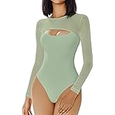 Avidlove Bodysuits for Women Round Neck Shapewear Bodysuit Long Sleeve Bodysuit Sexy Mesh Top Double Lined Cutout Shirt