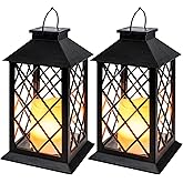 Homemory Solar Lanterns Outdoor Waterproof Hanging with Flickering Flameless Candles, 2 Pack 13'' Garden Outdoor Lantern Decorative for Patio Front Porch Backyard Balcony Cabin Outside Table(Black)