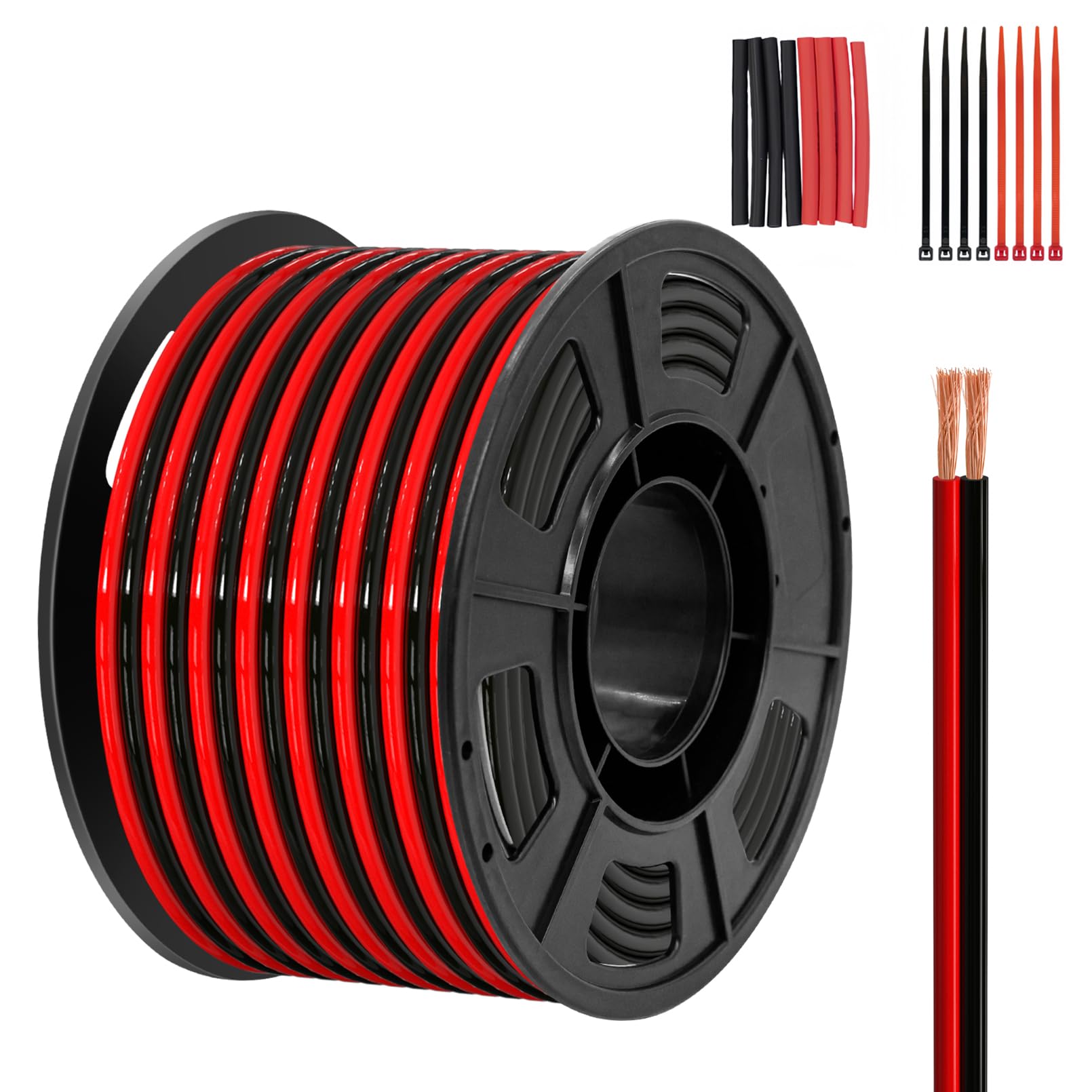 Piwaal 14AWG 2.0mm² 100ft Spool 2-Wire Parallel(Red 30.48M Black 30.48M) Bare Copper for LED Strips/Bulbs/Lamps