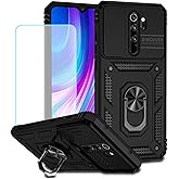 Vokuha Case for Redmi Note 8 Pro Case, M1906G7I Case with Tempered Glass Screen Protector and Slide Camera Cover, 360° Rotate Ring Stand Magnetic Cover for Xiaomi Redmi Note 8 Pro Black