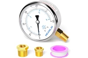 MEANLIN MEASURE 0~60Psi Stainless Steel 1/4" NPT 2.5" FACE DIAL Liquid Filled Pressure Gauge, Pool Sand Filter Pressure Test Lower Mount, with 1/4" x 1/2" NPT and 1/4" x 3/8" NPT Hex Bushing