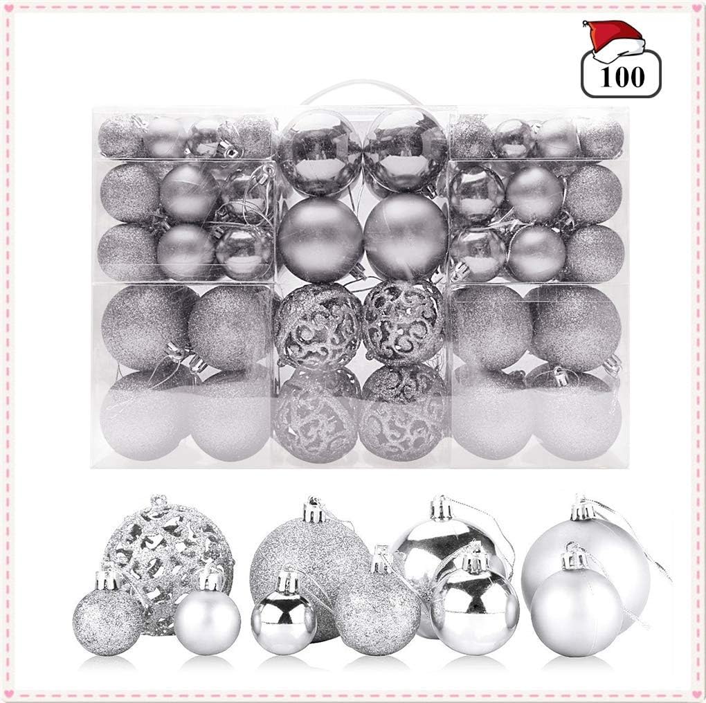 VGOODALL Christmas Ball Ornaments, 100 Pcs Assorted Shatterproof Silver Christmas Baubles Tree Hanging Decorations for Xmas Holiday Wedding Party Decoration