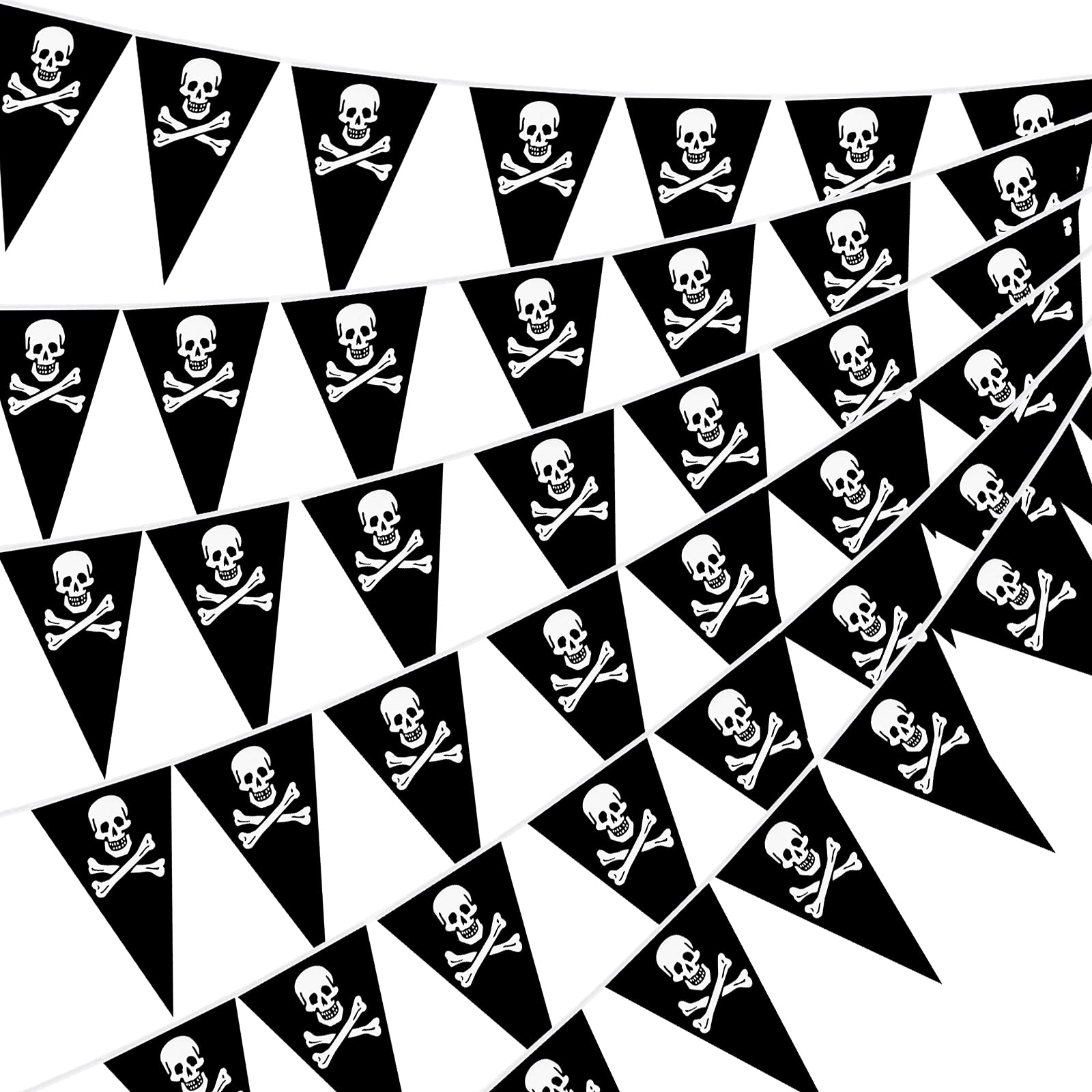 Photo 1 of Tatuo 99 ft Pirate Banner Flag Skull Halloween Pirate Party Decorations Jolly Roger Garland Birthday Triangle Pennant Bunting Decor for Celebration Indoor Outdoor Party Supplies