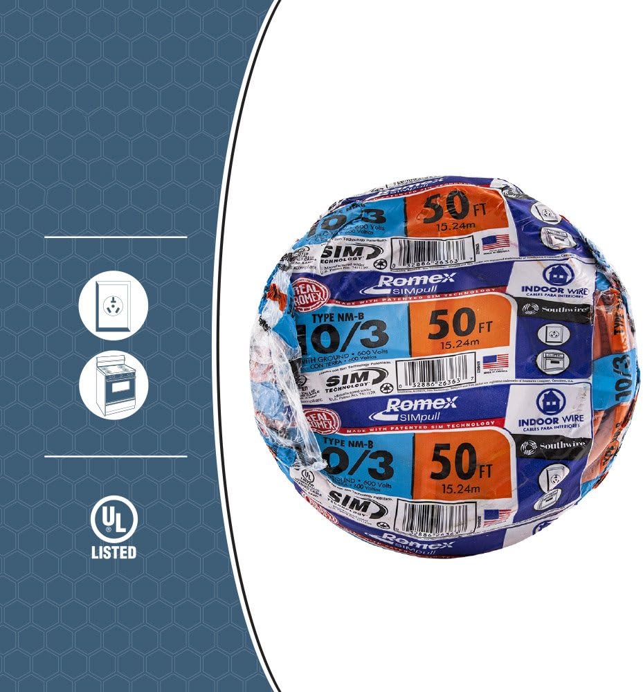 Southwire 63948422 50' 10/3 with ground Romex brand SIMpull residential indoor electrical wire type NM-B, Orange - Electrical Wires - 
