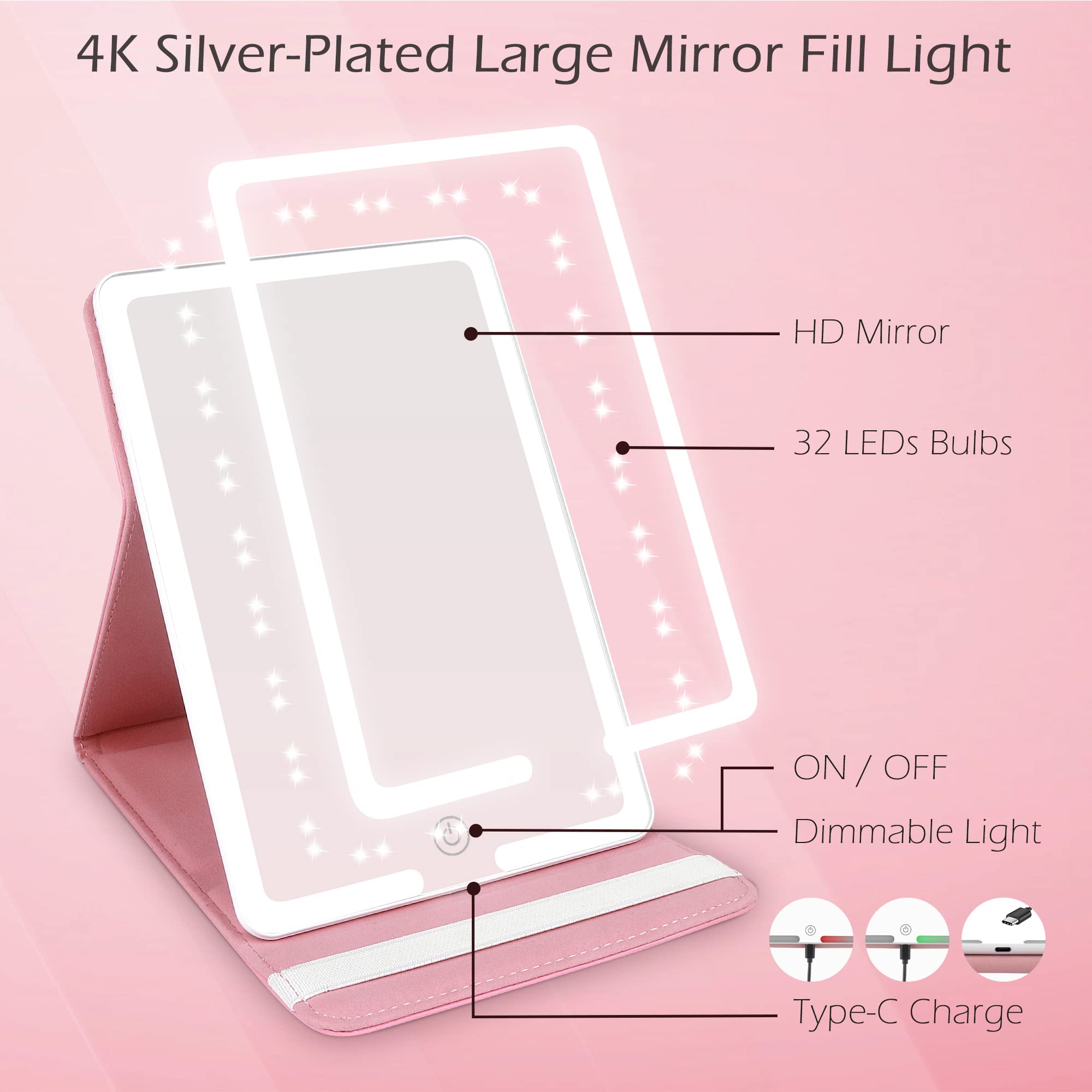 WangSelect Travel Makeup Bag with Light Up Mirror Makeup Organizer Box Travel Train Case Portable Campct Mirror Cosmetic Bag for Women (Pink)