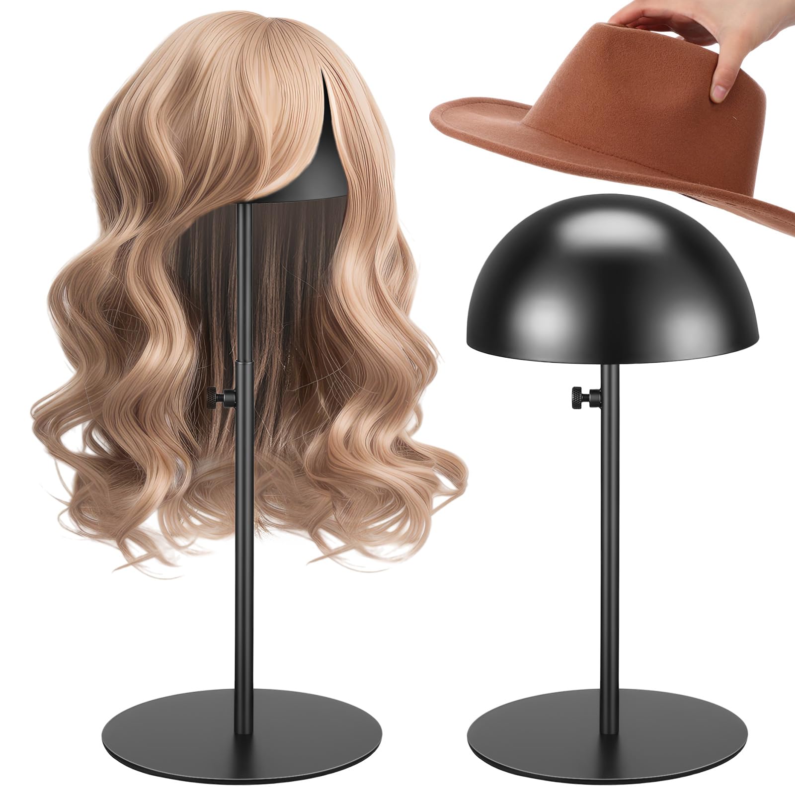 Photo 1 of Sintuff 2 Pcs Hat Display Stand 7.9-15.7 Inch Adjustable Hat Holder Sturdy Wigs Head Stand Anti-rust Non-slip Stable Stainless Steel Metal Hat Rack for Multiple Hats Storage Wig(Black,Round Base)