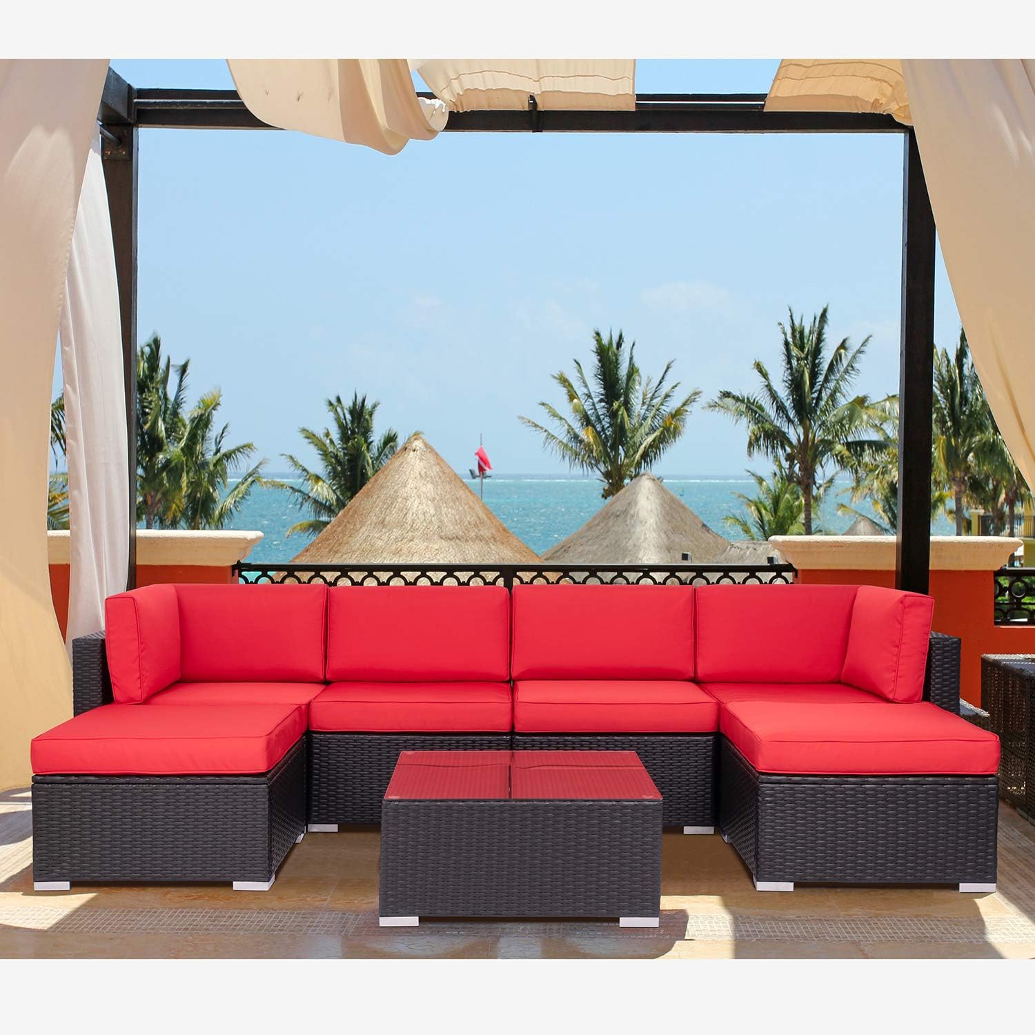 Shintenchi 7 Pieces Outdoor Patio Furniture Sets, All Weather PE Wicker Rattan Patio Conversation Sofa Set Tea Table&Ottoman &Washable Cushions for Backyard Lawn Garden (Blue) : Garden & Outdoor