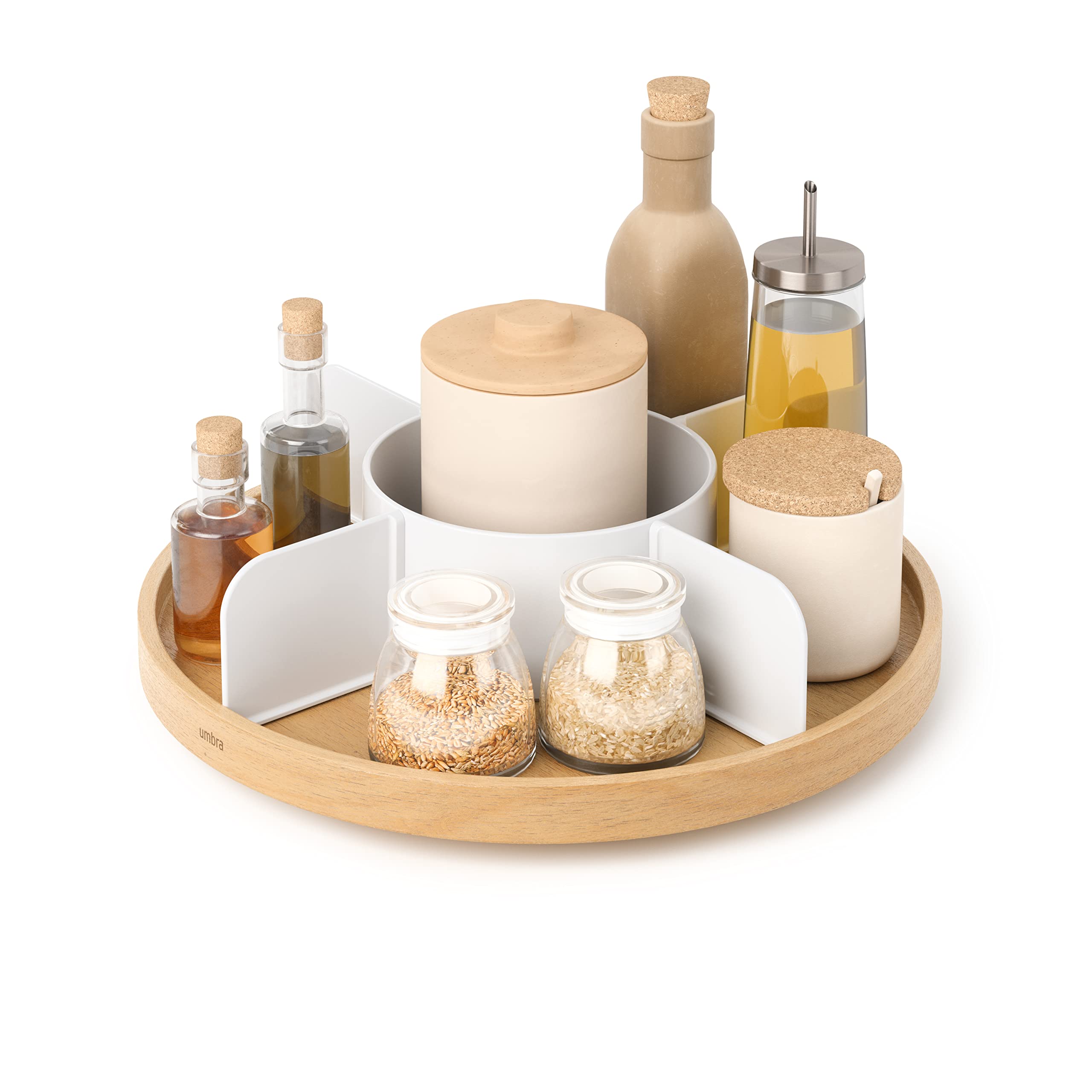Umbra Bellwood Lazy Susan Divided Tray Organizer for Pantry Spices and More, Made of Durable Plastic and Wood, Natural/White