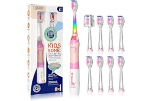 SEAGO Kids Electric Toothbrush with 2 Mins Brushing Timer and 8 Replacement Bursh Heads,Rainbow LED Light Make Brushing Fun, Pink Color Girls Battery Powerd Toothbrush for 4-12 Years Old