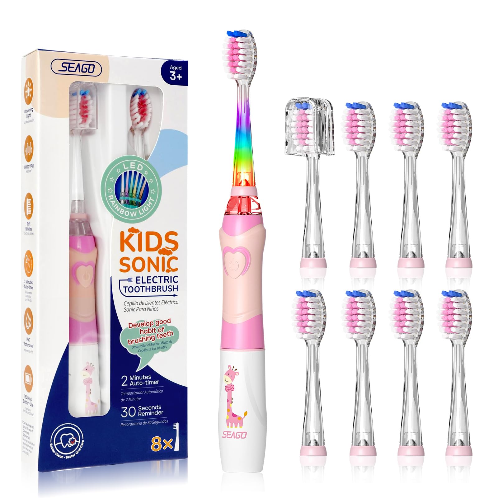 Photo 1 of SEAGO Kids Electric Toothbrush with 2 Mins Brushing Timer and 8 Replacement Bursh Heads,Rainbow LED Light Make Brushing Fun, Pink Color Girls Battery Powerd Toothbrush for 4-12 Years Old