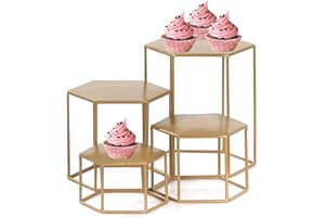 MinWadil Set of 4 Metal Display Risers, Upgraded Hexagonal Nesting Buffet Riser Set, Modern Brass Buffet Display Stands for Food, Food Display Risers for Buffet Cupcake Small Potted Plants - Medium