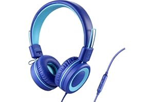 POWMEE P10 Kids Stereo Headphones with Microphone for Children Boys Girls,Adjustable 85dB/94dB Volume Control Foldable On-Ear Headphone for School/PC/Cellphone(Blue)