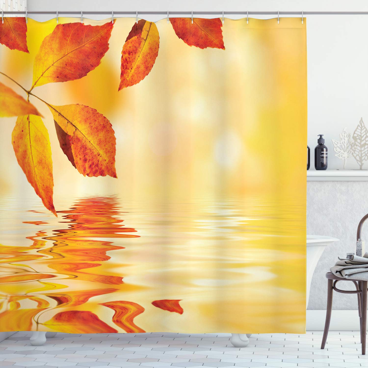 ABAKUHAUS Orange Shower Curtain, Autumn Maple Leaves Shadow on the Water Mystic Sun Image, Cloth Fabric Bathroom Decor Set with Hooks, 86 Inches Extra Long, Earth Yellow Orange โ image 1