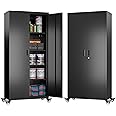 Aobabo 73''H Metal Garage Storage Cabinet with Wheels, Locking Steel Storage Cabinet, Rolling Tool Storage Cabinet for Garage,Office, Assembly Required, Black