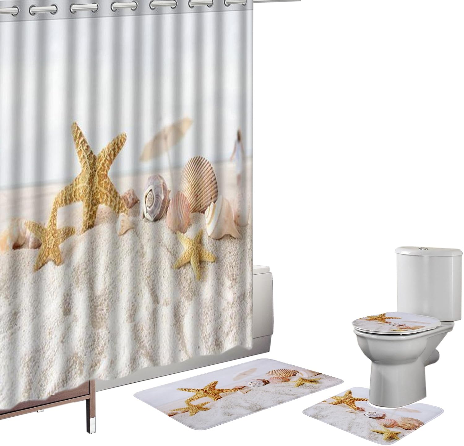 Amazon Com Amagical 16 Pieces Shower Curtain Set Bath Mat Set Contour Mat Toilet Cover Yellow Starfish Seashells Print Shower Curtain With 12 Hooks Home Kitchen