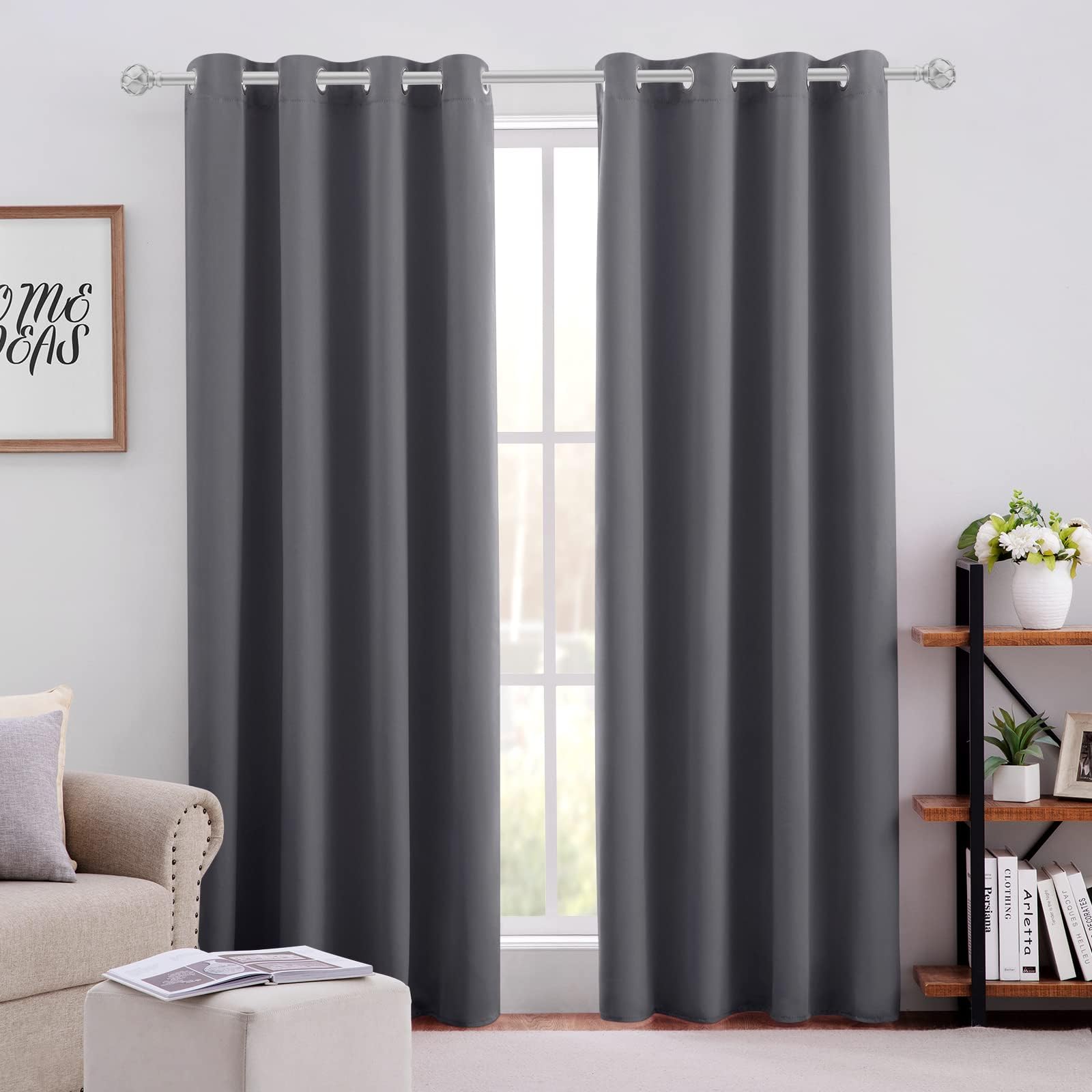HOMEIDEAS Grey Gray Blackout Curtains, Room Darkening Soundproof Thermal Grommet Window Drapes for Living Room, Bedroom(2 Panels, W52'' x L108'') Image