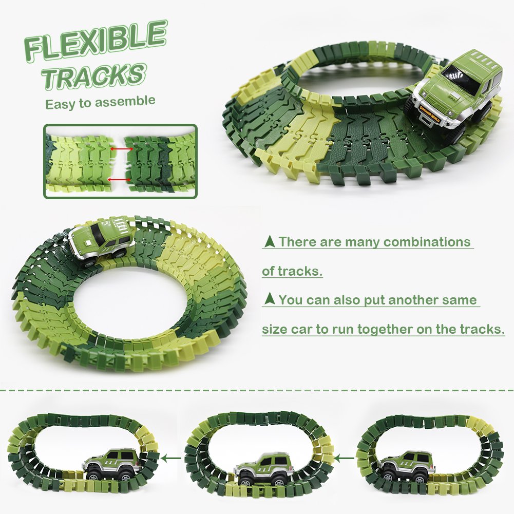 Nuheby Dinosaur Toys Car Racing with 142pcs Flexible Race Track Set -2Dinosaurs 1 Military Vehicles,4 Trees,2 Slopes,1 Door and 1 Bridge for Party Games 3 Year Old Girl&Boy Gifts
