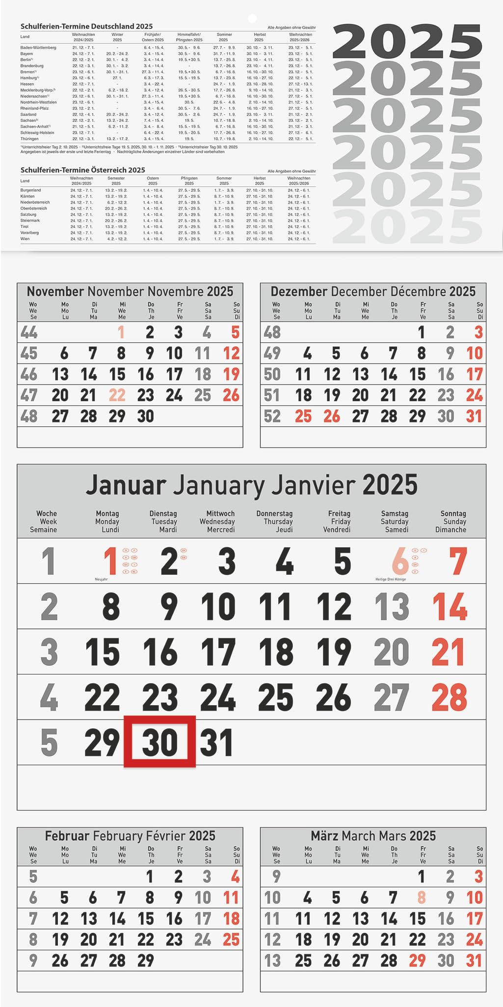 BRUNNEN 5-Month Calendar 2025, 300 x 585 mm