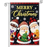 HOMETITUTE Merry Christmas Santa Trio Garden Flag Double Sided 12x18 Inch Burlap Holiday Garden Flag Three Gift Cookie Seasonal Banner for Indoor and Outdoor Decoration Yard Lawn Decor