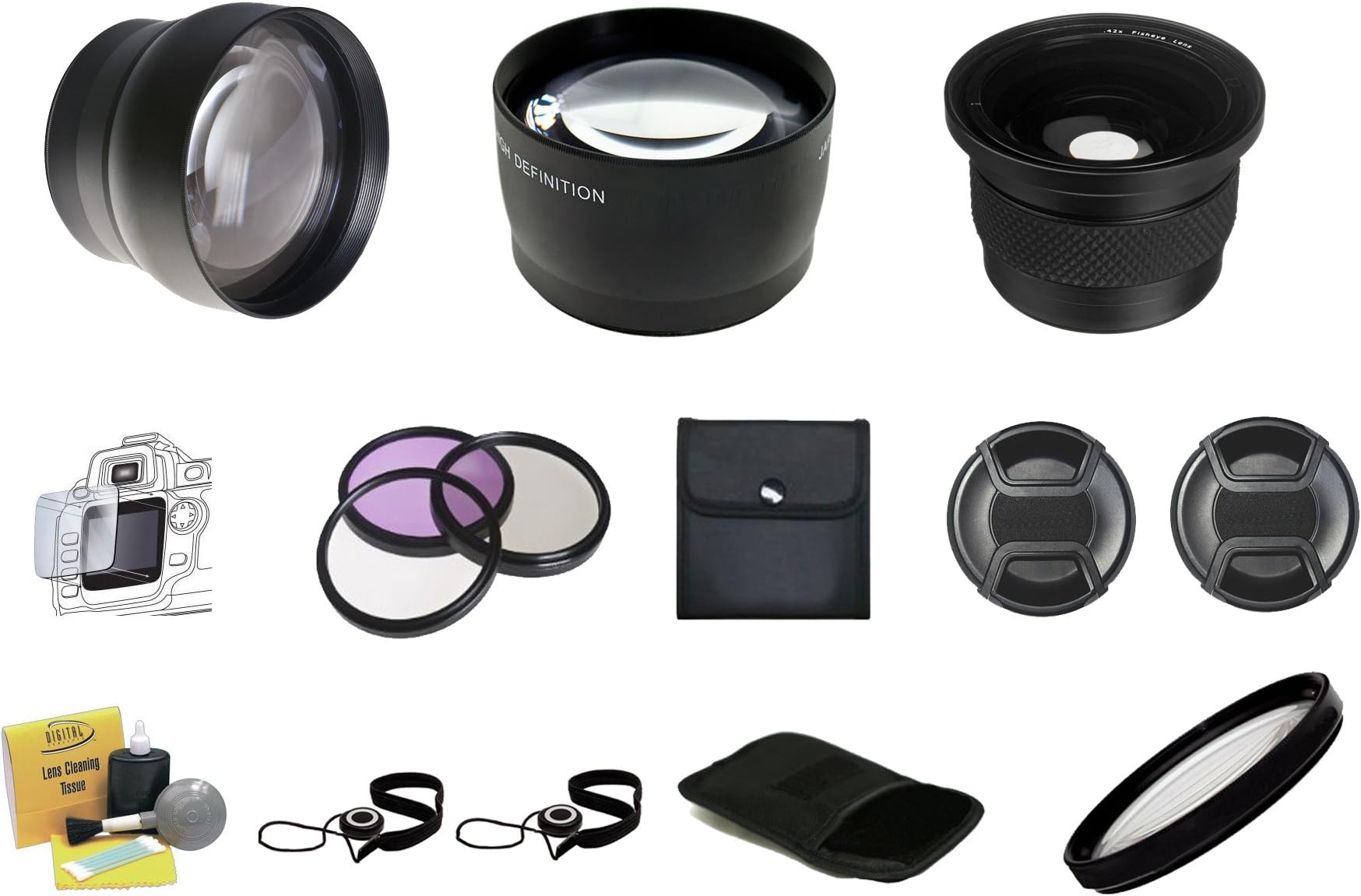 Professional High Definition Lens Accessory Package for PENTAX K SERIES CAMERAS - 49mm & 52mm - (K-5 Series K-50 Series K-500 Series, Select Others With 49 or 52mm Lenses) Includes: 2.2x Telephoto Lens + 0.43x Wide Angle + 0.42x Fish-eye Lens + (+10) Close-Up lens + 3 Essential Filters For Top Of Telephoto Lens (UV Haze, Circular Polarizer, Fluorescent) + 2 Lens caps (49mm & 52mm) + Lens Shade Petal Design (58mm + 2 Stepping Rings 49-58mm, 52-58mm) + Extra Rings & More