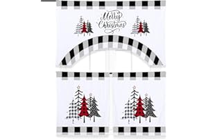 Ganeen 3 Piece Christmas Kitchen Curtain Set Kitchen Window Tier Curtains and Valance Buffalo Plaid Curtains Black and White Curtain Polyester Farmhouse Christmas Decoration