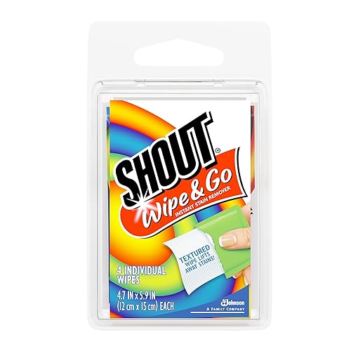 Shout Wipes Stain Remover for Clothes Laundry, Instant Stain Remover and Individually Wrapped, Travel Essentials, Works on Everyday Stains, 4 Wipes (Pack of 1)
