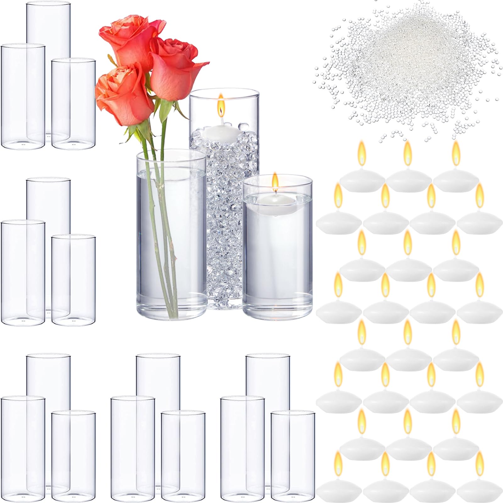 Photo 1 of 18 Pcs Cylinder Vases Centerpieces Glass Flowers Vases with Floating Candle Water Gels Beads for Home Wedding Christmas Decoration, Assorted Size