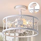 REDSTAR 15" Caged Ceiling Fans with Lights and Remote Flush Mount, White Round Industrial Ceiling Fan Light Fixture, Small Bladeless Ceiling Fan for Bedroom, Kitchen, Indoor