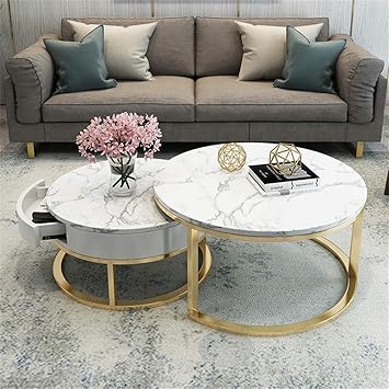 Amazon Com Natuo Furniture Modern Stylish Nesting Table With Drawer Storage Shelf Round Coffee Tables White Marble Top Metal Iron Frame Easy Assembly Set Of 2 Furniture Decor