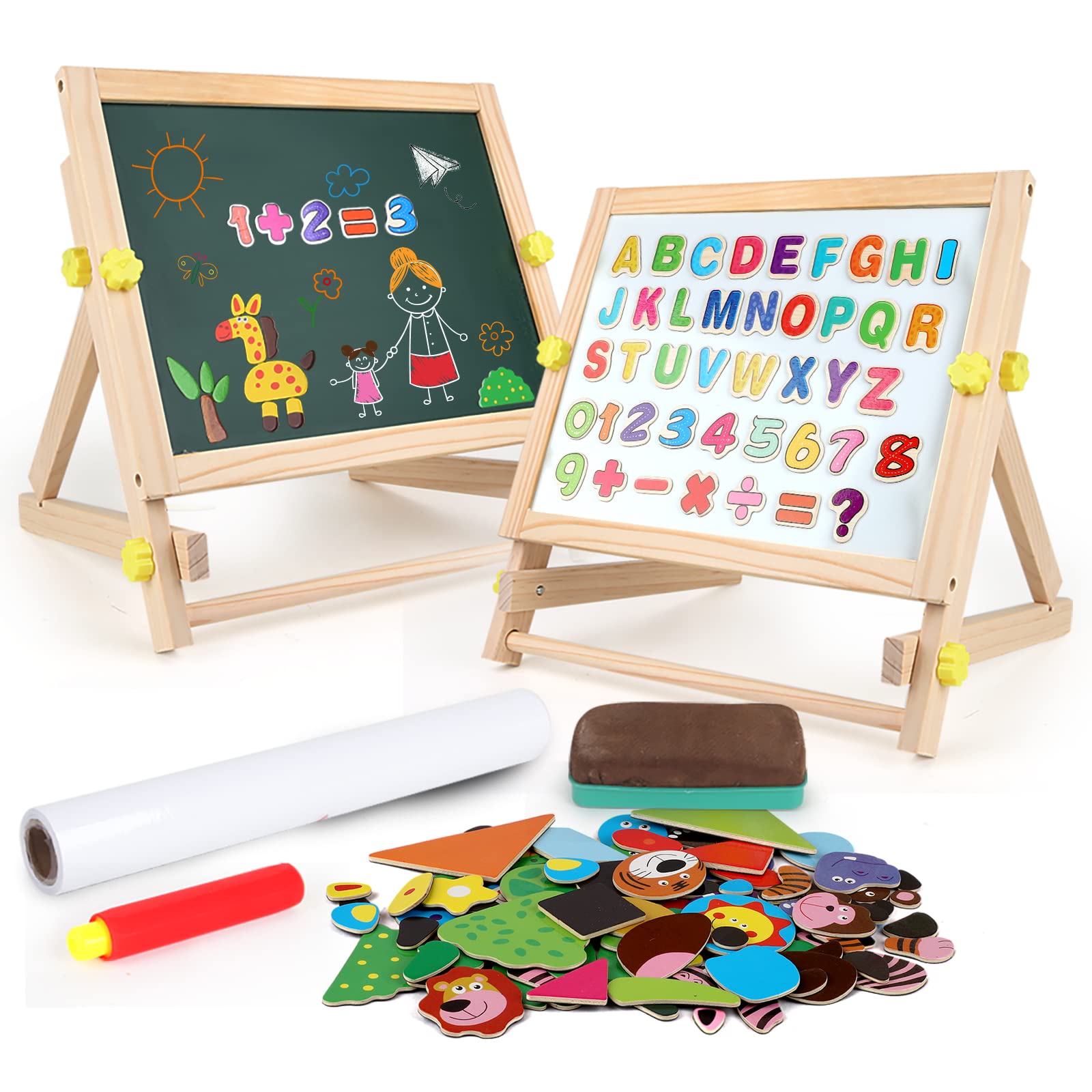 kramow Wooden Art Easel for Kids Children,Foldable Double-Sided Magnetic Drawing Board with Paper Roll,Magnetic Letters and Nmbers,Wooden Jigsaw Puzzles,Gifts for 3 4 5 6 Years Boys Girls