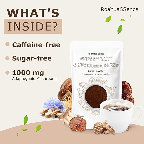 CHICORY ROOT AND MUSHROOM BLEND, 6 FUNCTIONAL MUSHROOMS, CHICORY ROOT BREW LIKE COFFEE, CAFFEINE FREE, COFFEE SUBSTITUTES, MCT OIL, INSTANT POWDER