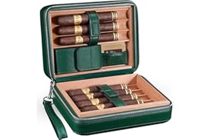 FLAUNO Leather Cigar Humidor Case, Cedar Wood Lining, Sealed Design, 2-Way Humidity Control Pack, Cedar Wood Cigar Case with Detachable Wrist Strap, Ideal Gift for Cigar Lovers