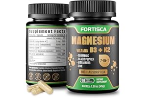 FORTISCA 7-in-1 Magnesium Glycinate 4000IU Vitamin D3 K2, Silica, High Absorption Magnesium Supplement | Travel | 90 Capsules