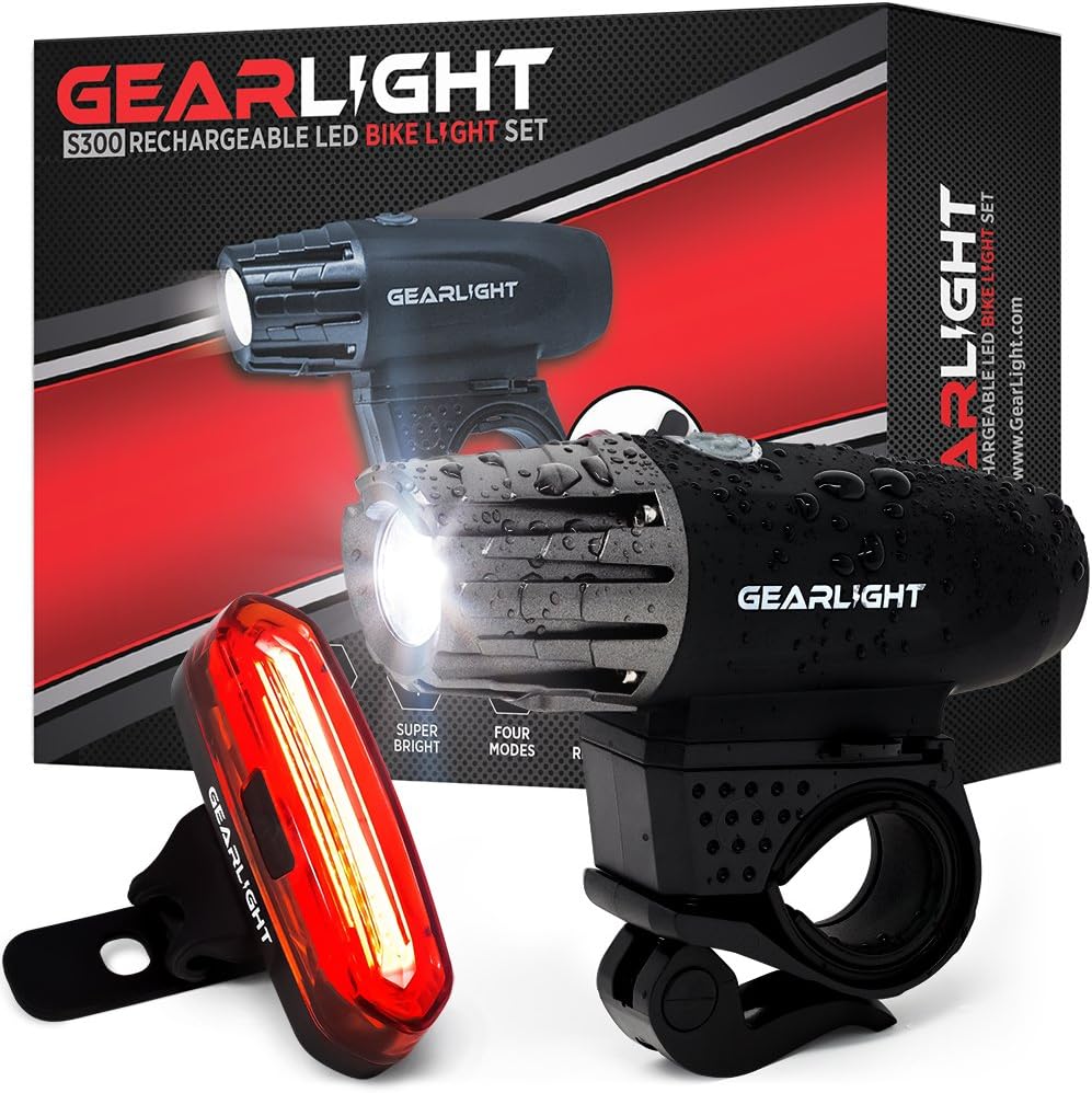 GearLight S300 Rechargeable LED Bike Light Set - High Lumen Front and Back Rear Cycling Safety Lights - Best All-Weather USB Headlight and Tail Light for Kid and Adult Bicycles