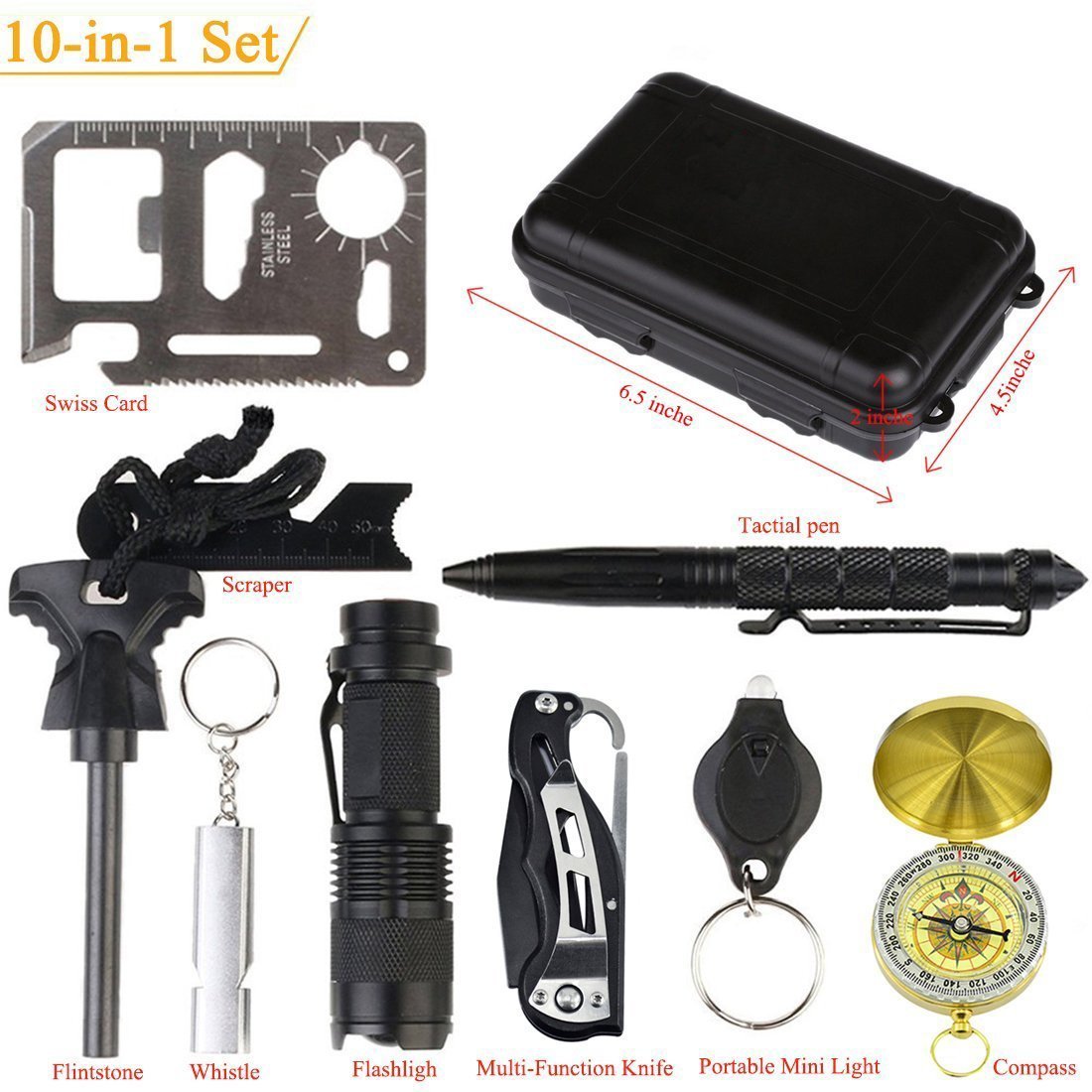 Outdoor Survival Kit,10 in 1 Professional Emergency Survival Kits Tools with Fire Starter Whistle Survival Flashlight Tactical Pen etc For Outdoor Travel Hike Field Camp