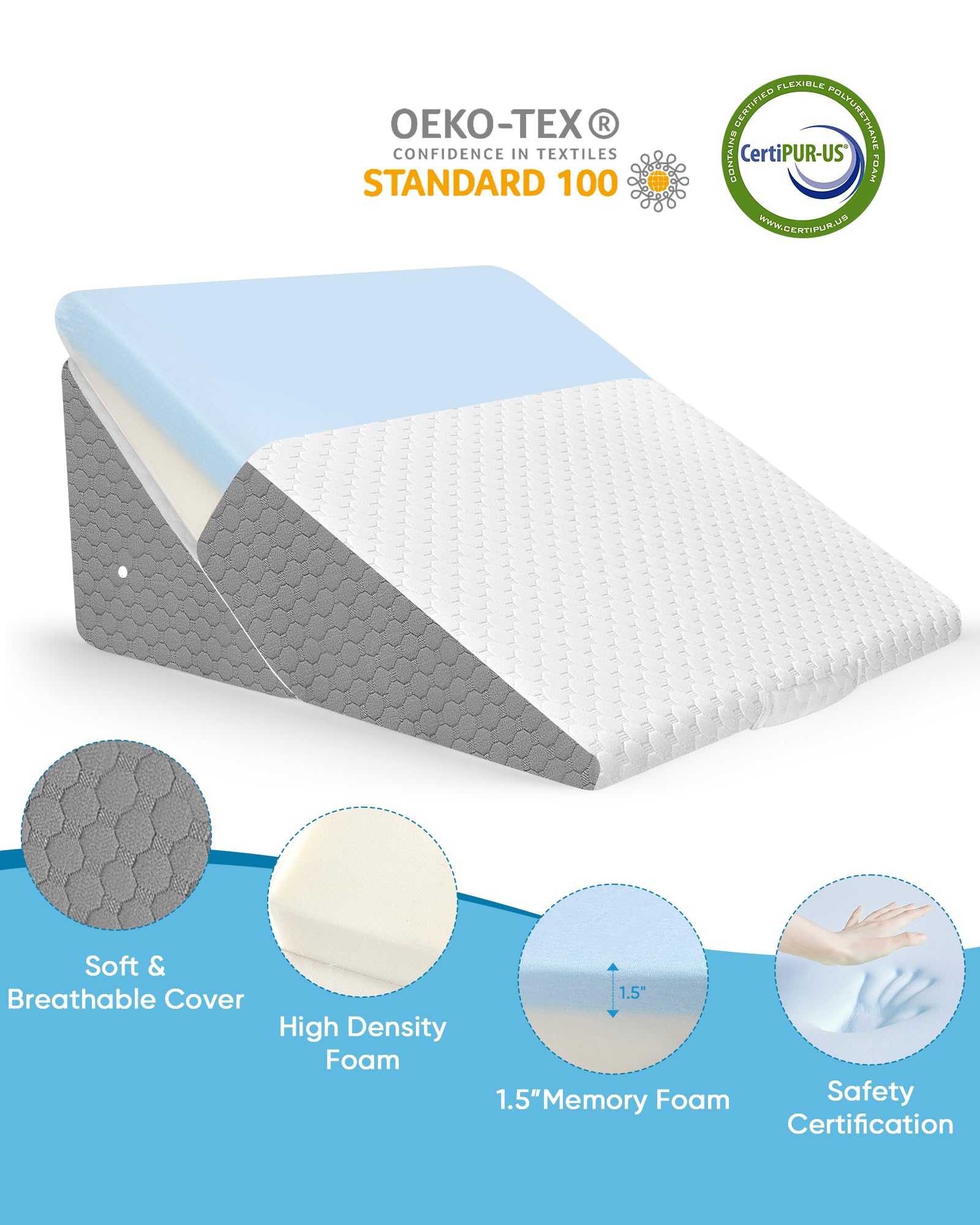 Forias Wedge Pillow Headboard for Acid Reflux Relief Adjustable Bed Wedge Pillow Post Surgery Pillow Wedge for Sleeping with Half-Moon Memory Foam Bolster Pillow for Back Legs Pain Snoring Sleep Apnea