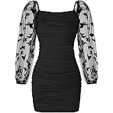 EXARUS Girls Bodycon Dress Ruched Teen Mesh Long Sleeve Dance Prom Party Semi HOCO Tight Short Square Neck Fancy Dresses