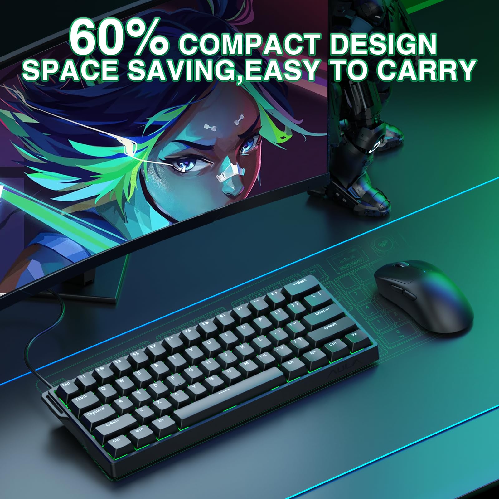 Aula Win60 He Mechanical Gaming Keyboard Wired,Hall Effect Magnetic Switches,Adjustable Actuation Rapid Trigger,8K Polling Rate,Rgb Backlight,60% Percent Keyboard For Mac/Win (Black) - View 8