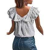 Dokotoo Womens Tops Casual Square Neck Bow Tie Back Blouse Ruffle Butterfly Sleeve Babydoll Textured Shirt