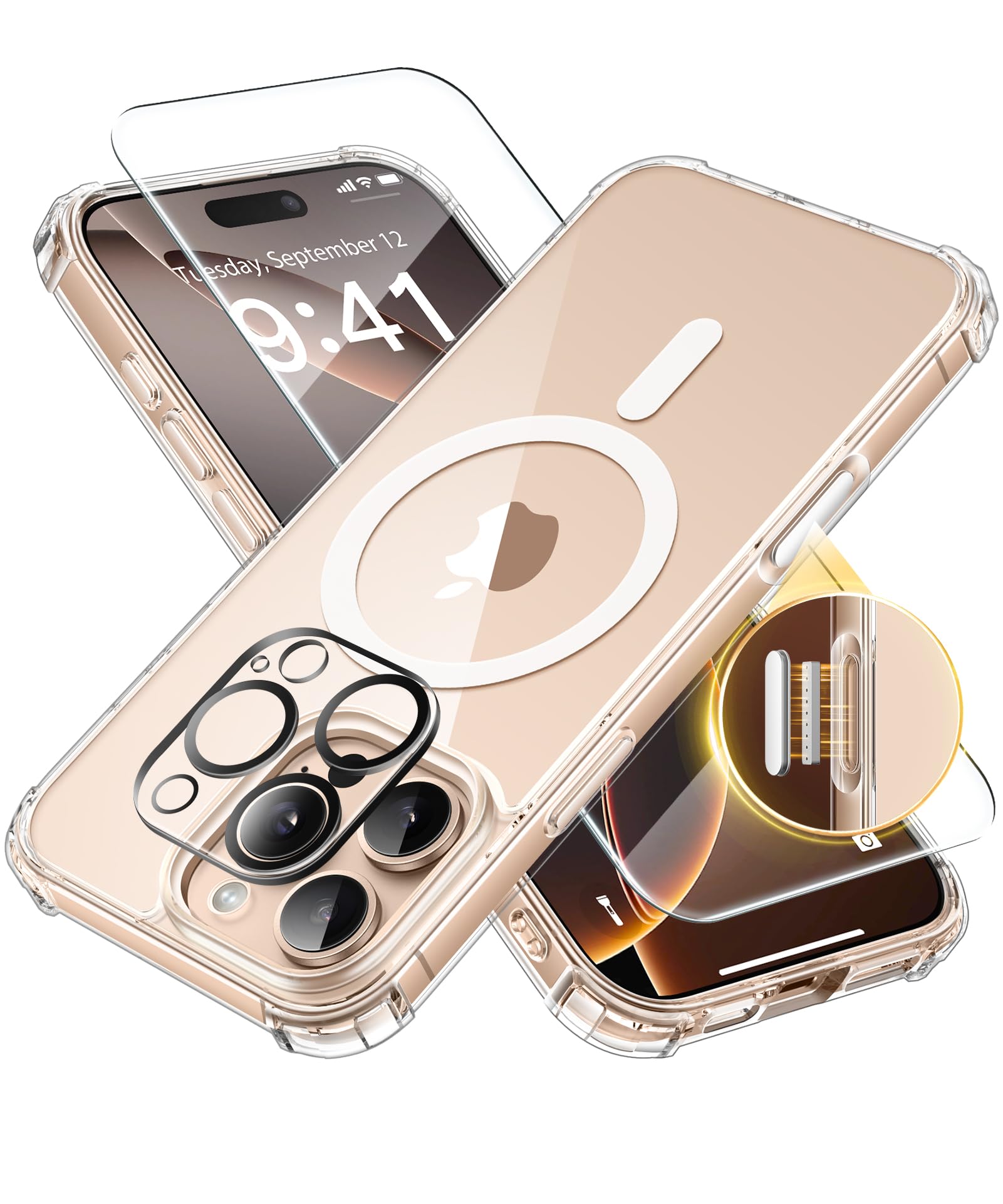 Photo 1 of BERFY for iPhone 16 Pro Case, Compatible with Magsafe, Women Crystal Clear Cute Shockproof Hard Magnetic Phone Cover, [Not-Yellowing] with Screen Protector & Camera Lens Protector 6.3", Transparent
