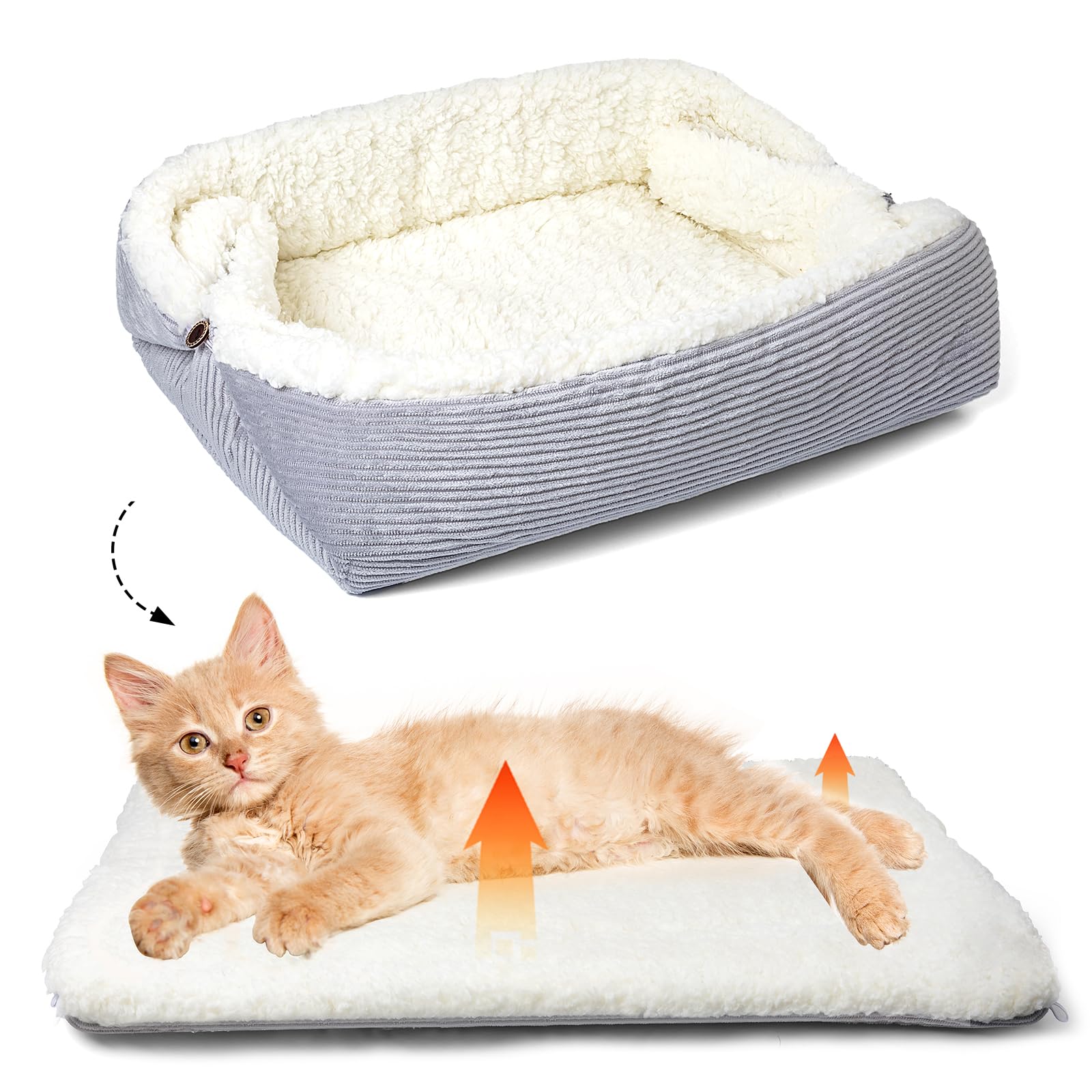 MAIYADUO Self Warming Cat Beds for Cats and Small Dogs - 42x38 cm Washable Reversible Convertible Cat Beds for Indoor Cats, Soft Plush Pet Sleeping Bed Cushion Blankets - Unfolded Size 61x51cm