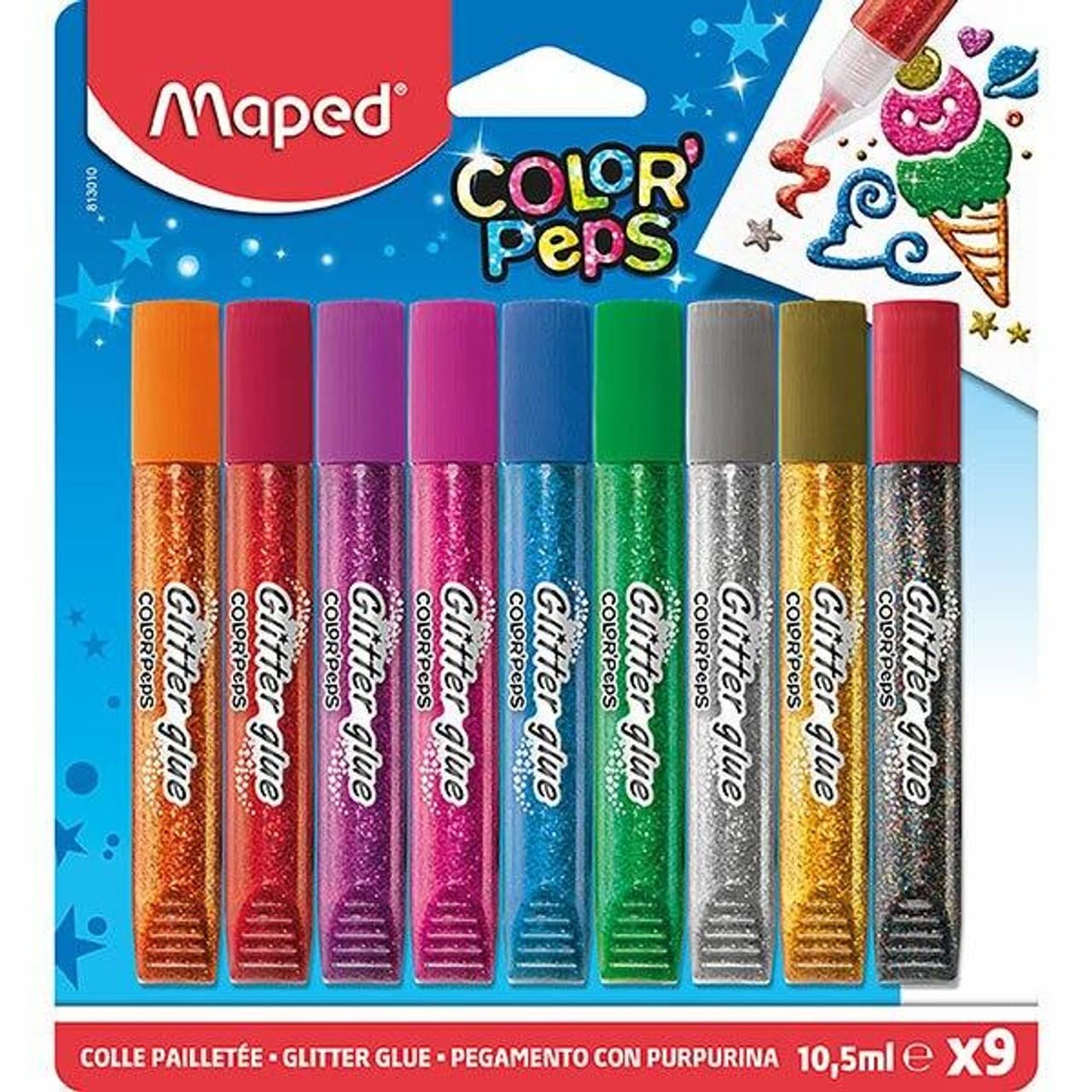 Maped Color'Peps Glitter Glue Tubes for Children Shiny Effect Easy to Use with Fine Tip – 9 Tubes of 10.5 ml Assorted Colours