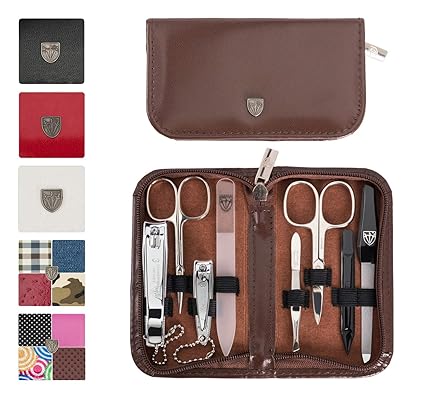 DREI SCHWERTER Solingen Germany Nagelpflegeset ´Roma` 8-tlg. Maniküre Pediküre Reise Etui Set Nagelset Nagelnecessaire, Stahlinstrumente Markenqualität, Maniküreset Kunst Leder in Geschenk Box (6189)