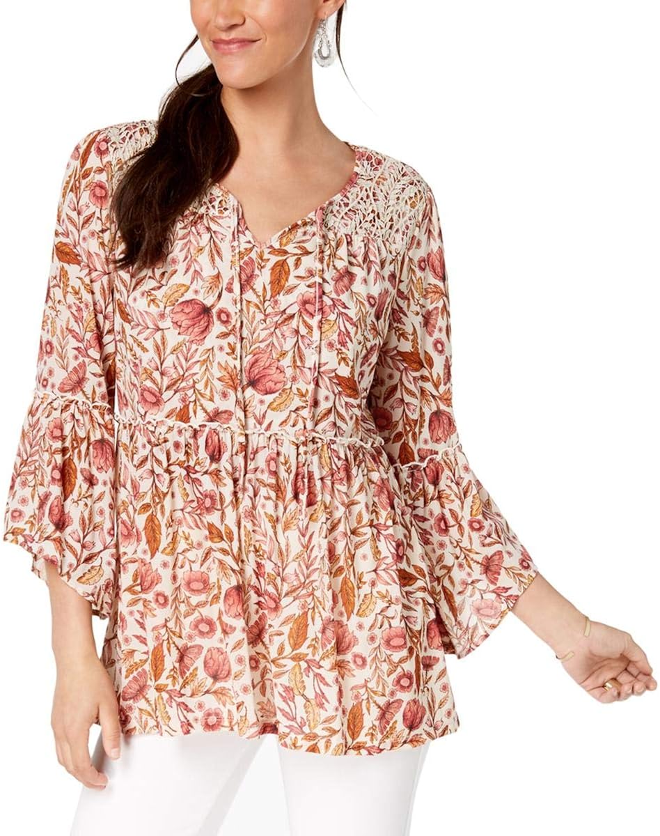 Style & Co FloralPrint Lace Peasant Top (Brulee Foliage, S) at Amazon