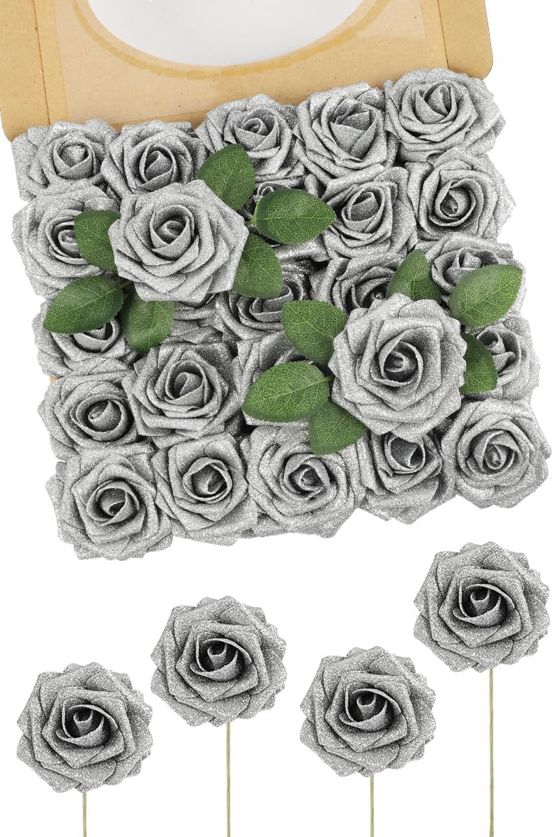 N&T NIETING Artificial Flowers Glitter Rose, 25pcs Fake Roses Flowers with Stems Real Touch Faux foam Roses for Wedding Bouquets Party Office Baby Shower Home Christmas Decoration(Silver)